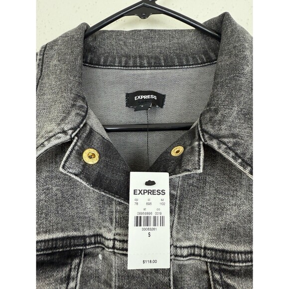 Express Black Denim Jean Jacket Size Small Rhinestones Faux Pearl Flower Buttons - Picture 2 of 9